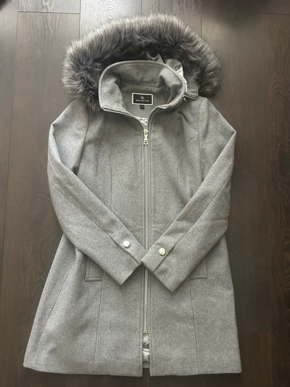 Melanie Lyne Women’s Gray Wool Blend Faux Fur Trim Hooded Coat SZ 2 /XS